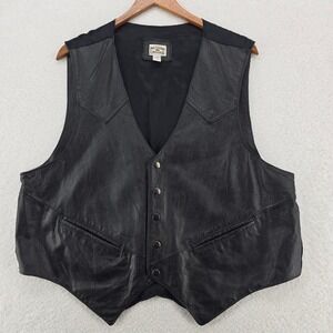 Western Frontier Mens Genuine Leather Vest XL Black Snap Pockets‎ Cowboy Style